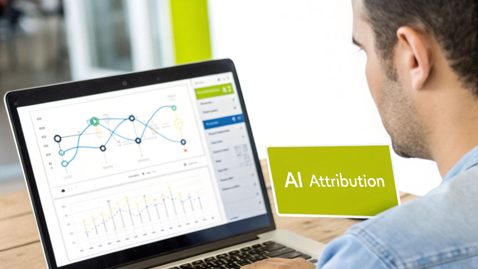 Man analyzing data on a laptop with charts and graphs, next to a sign saying 'AI Attribution'.