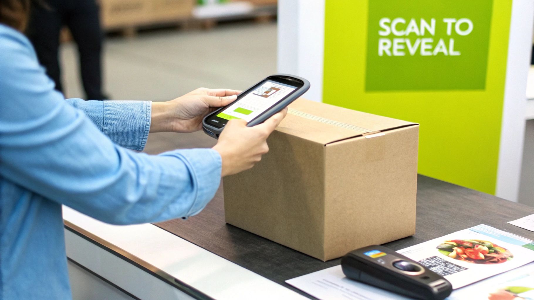 A person scans a brown cardboard box with a handheld mobile device, with a 'SCAN TO REVEAL' sign in the background.