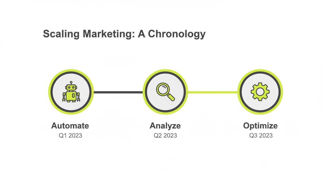 Timeline showing marketing scaling steps: Automate (Q1), Analyze (Q2), and Optimize (Q3) for 2023.