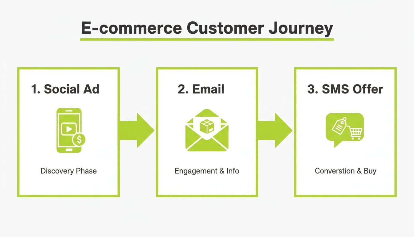 E-commerce customer journey illustrating discovery via social ad, engagement through email, and conversion with an SMS offer.
