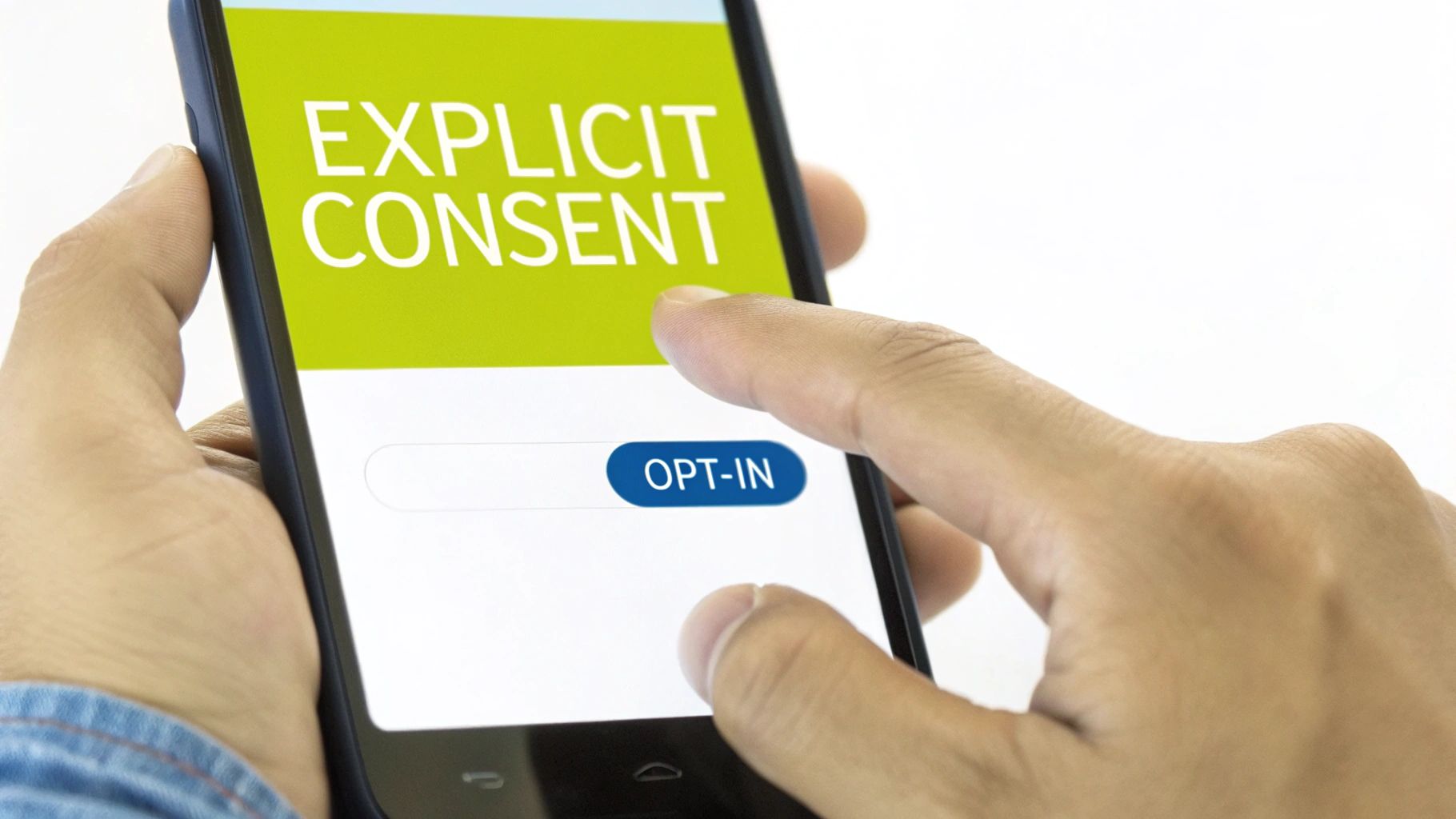 A finger tapping an "Opt-In" button on a smartphone with "Explicit Consent" displayed.