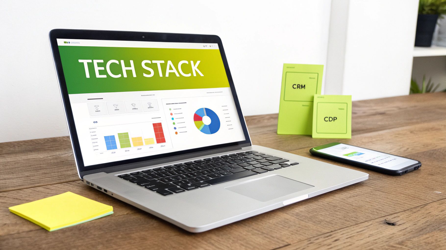 A laptop displaying a 'TECH STACK' dashboard with charts, CRM, and CDP notes on a wooden desk.