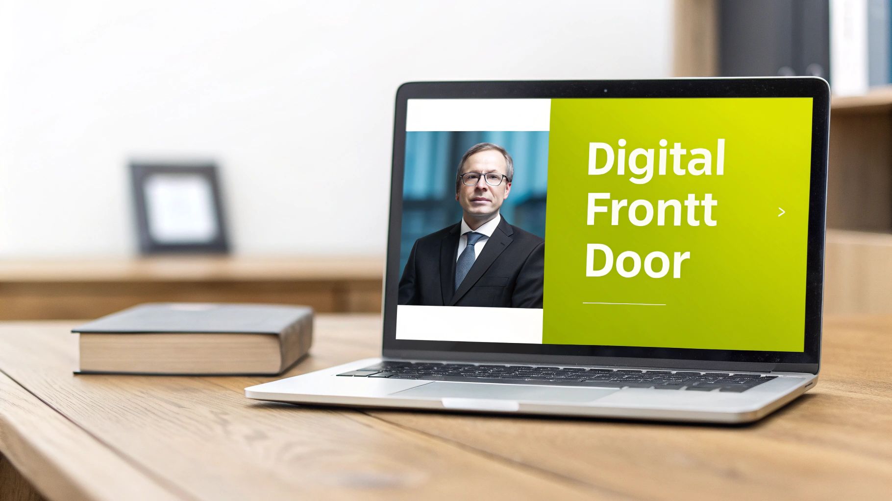 A laptop on a wooden desk displays a man in a suit and 'Digital Frontt Door' text.