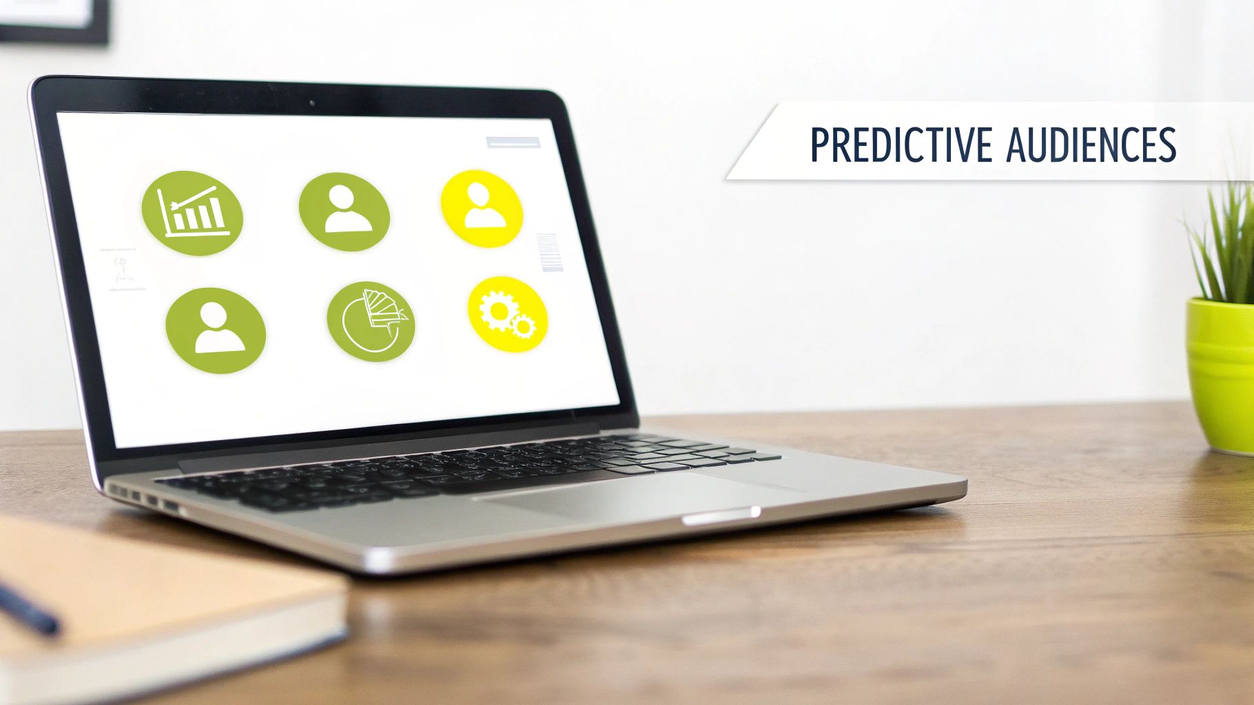 A laptop displaying predictive audience icons on its screen, with a notebook and plant on a wooden desk.