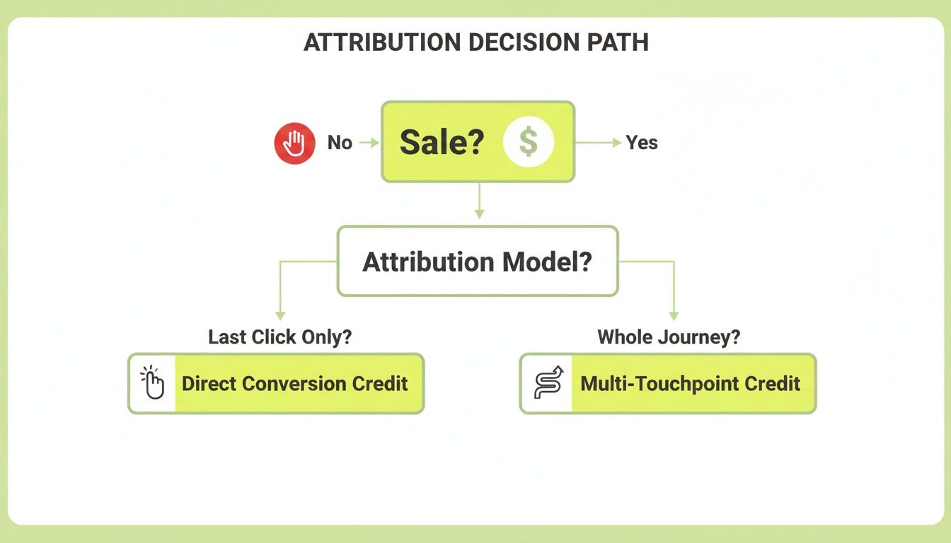 Flowchart illustrating the attribution decision path from a sale to choosing between last-click or multi-touchpoint credit.
