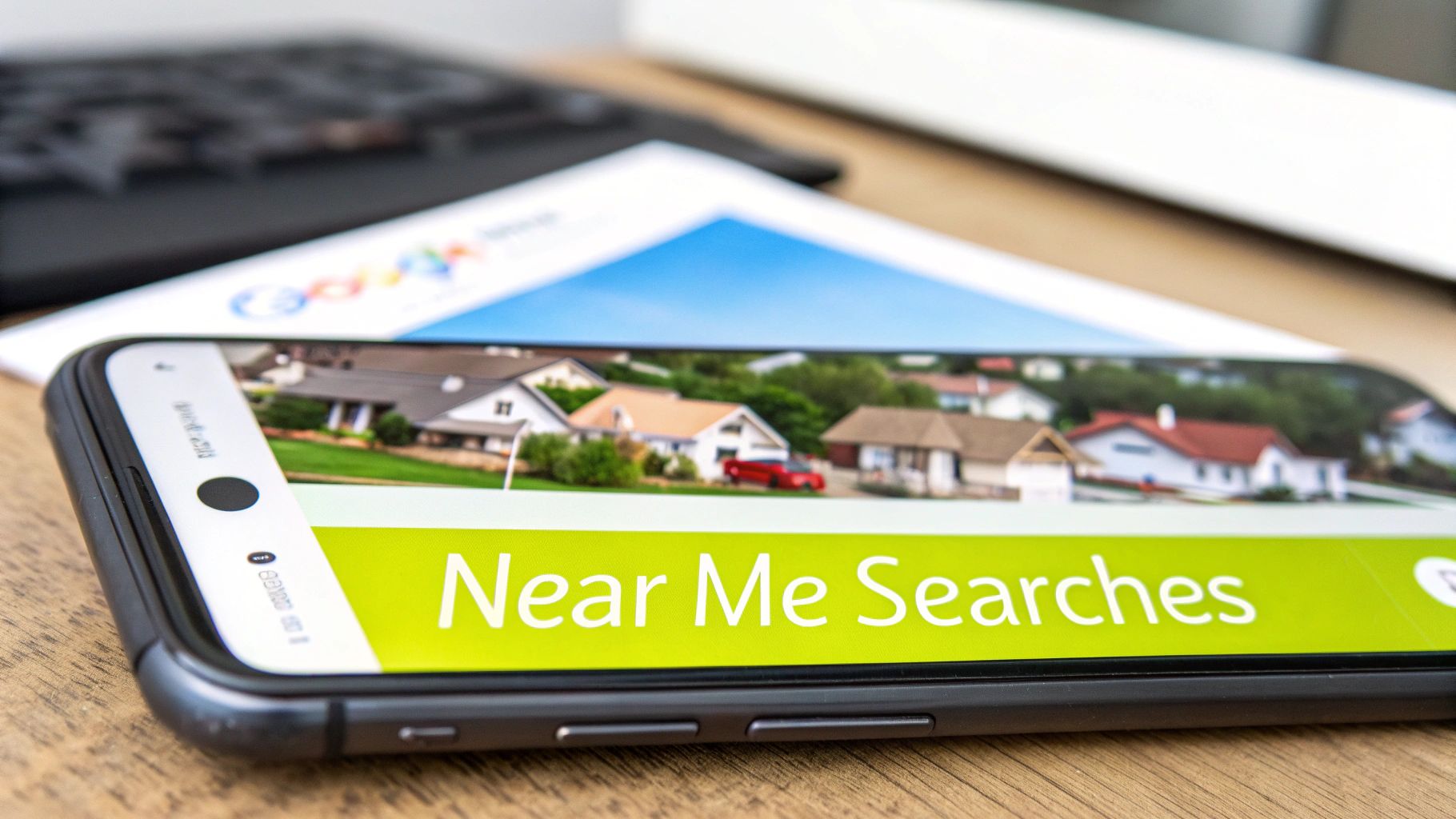 Smartphone screen displaying 'Near Me Searches' with residential houses, on a desk with blurred Google document.