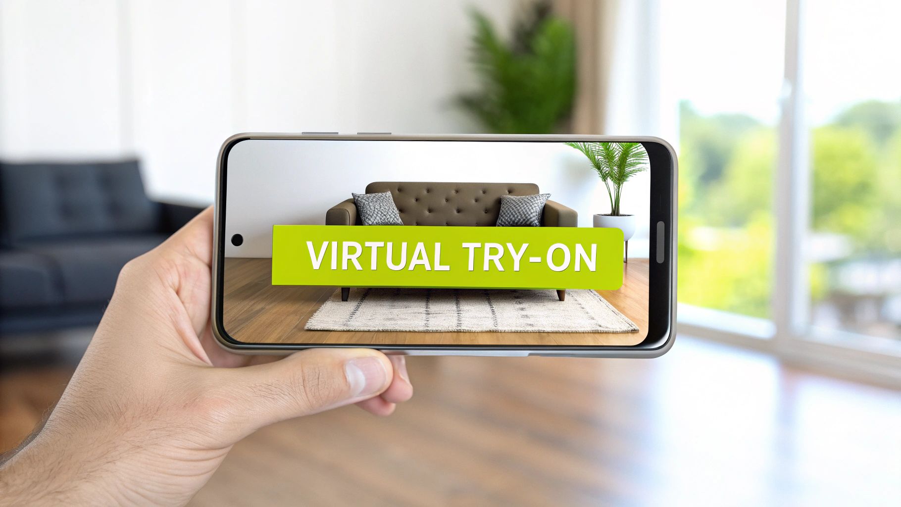 A hand holding a smartphone displaying a virtual try-on of a sofa and rug in a living room setting.