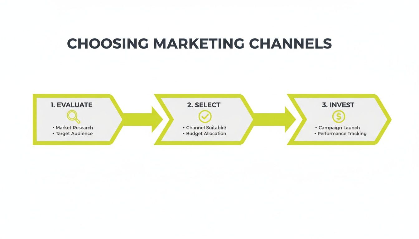 A flowchart outlining three steps for choosing marketing channels: Evaluate, Select, and Invest.