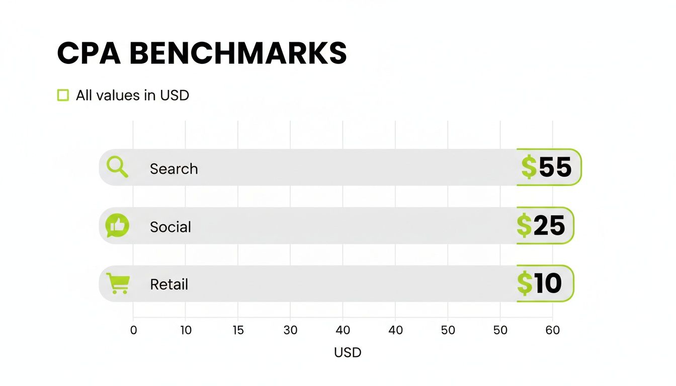 CPA benchmarks bar chart showing cost per acquisition for Search, Social, and Retail in USD.