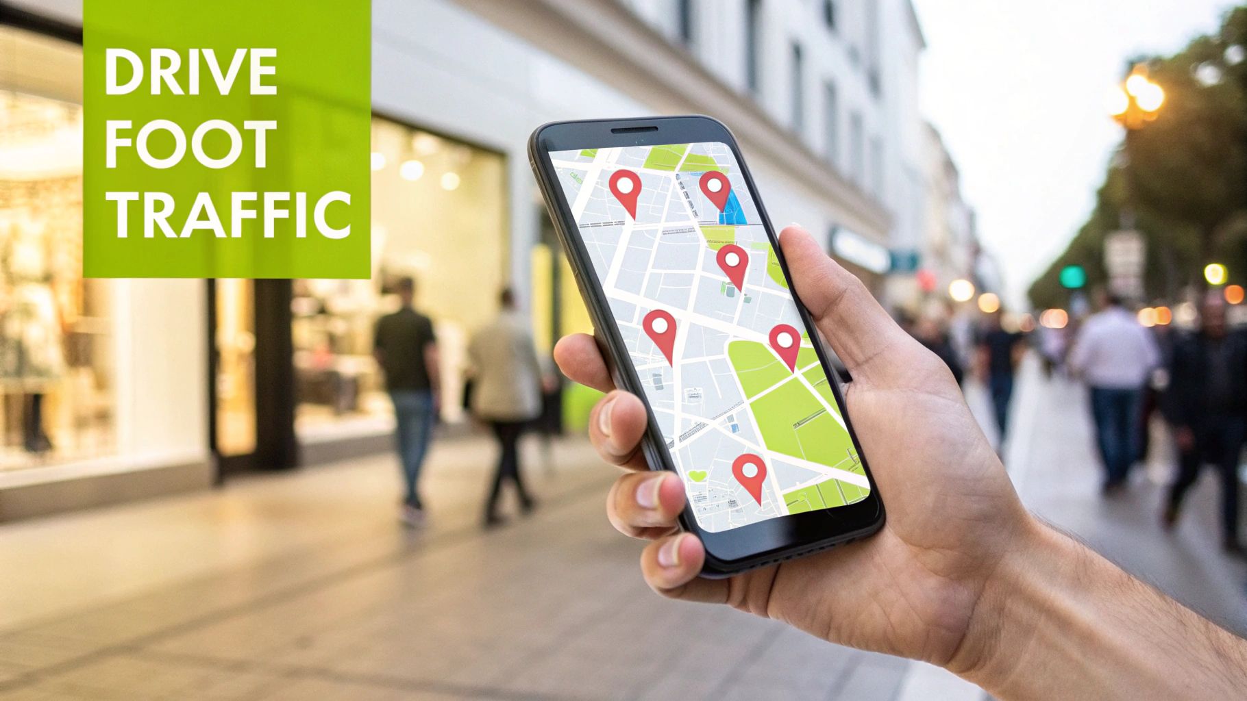 A hand holding a smartphone displaying a map with location pins on a busy city street, promoting foot traffic.