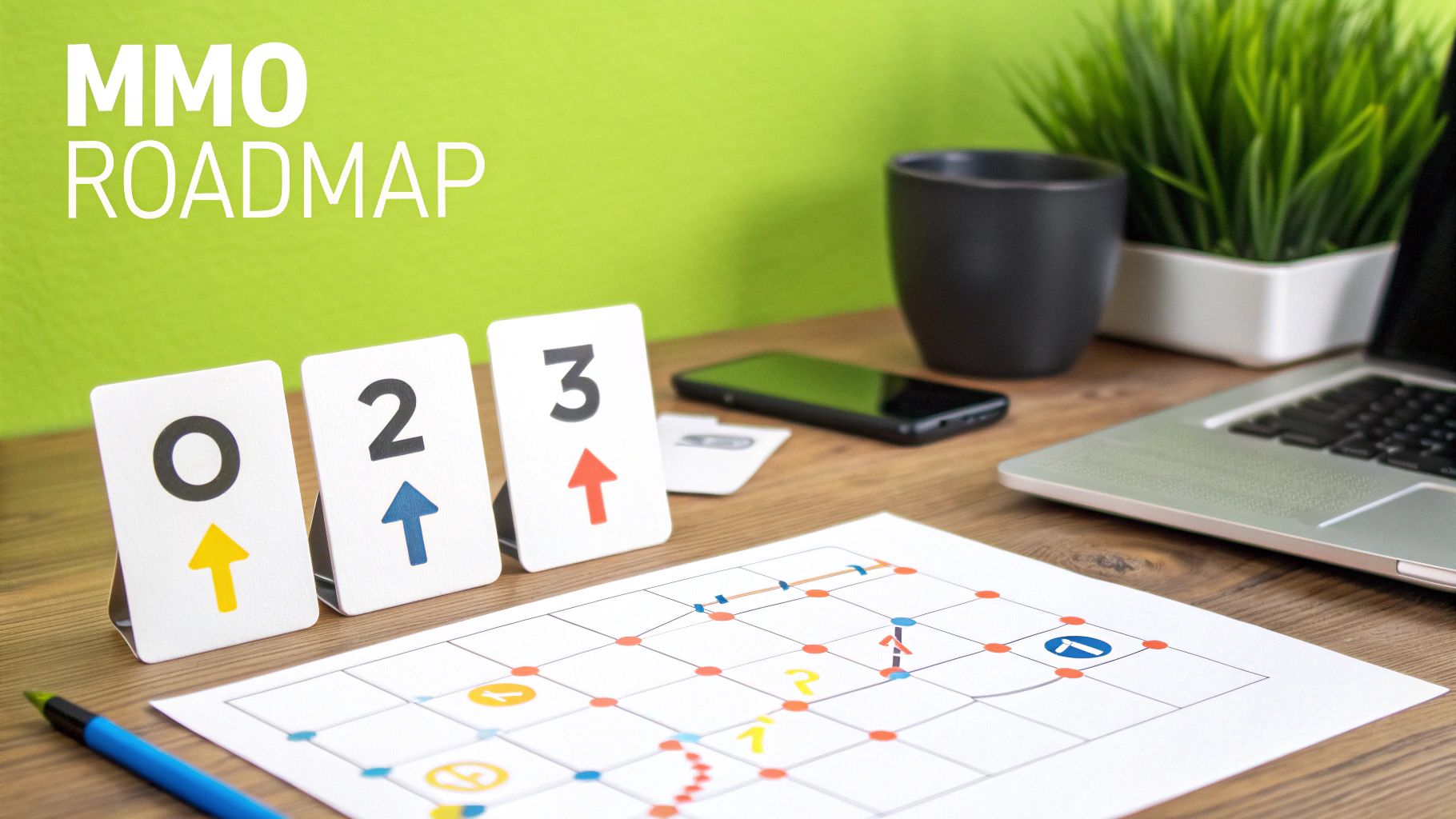 A desk setup featuring an 'MMO ROADMAP' title, numbered planning cards, and a strategic grid chart.