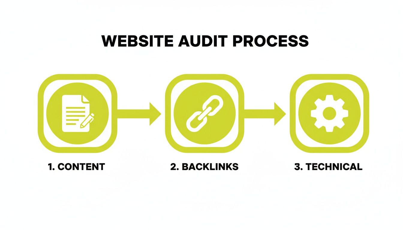 Infographic illustrating the website audit process with steps for content, backlinks, and technical review.
