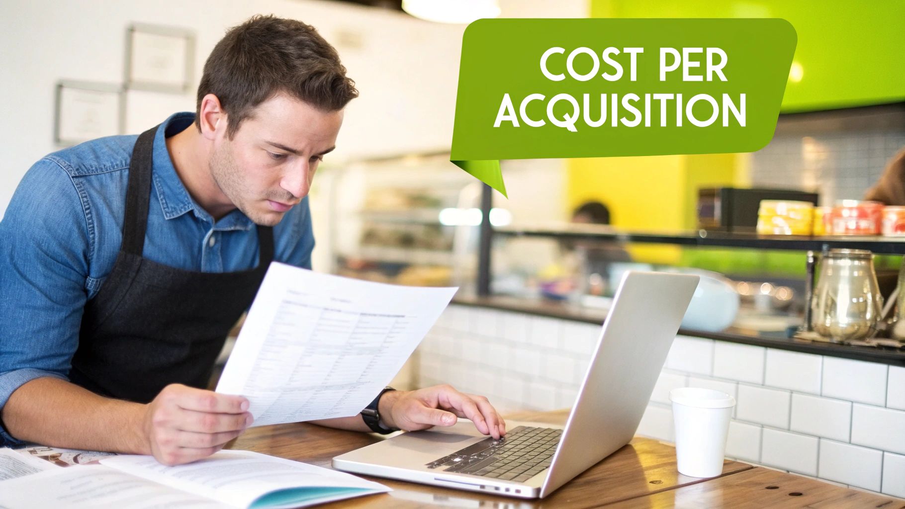 Small business owner in an apron reviewing documents and using a laptop, focusing on cost per acquisition.