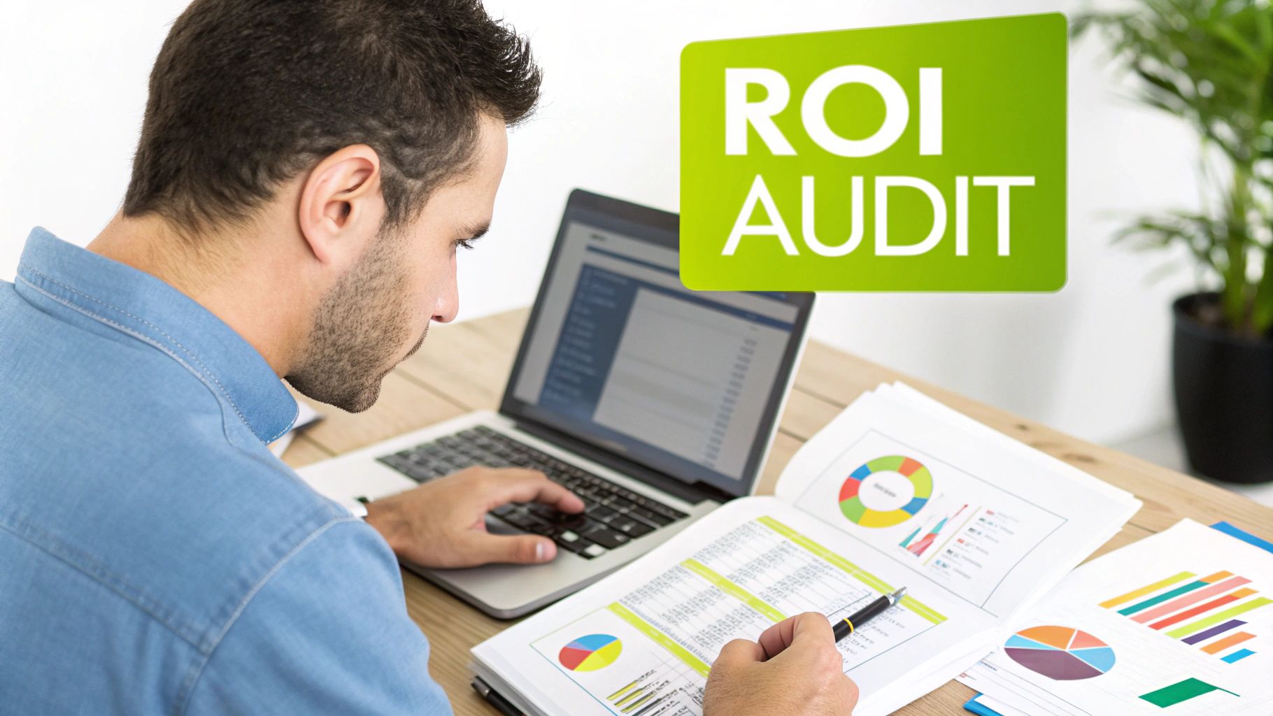 Man performing an ROI audit, analyzing financial data on a laptop and documents with charts.
