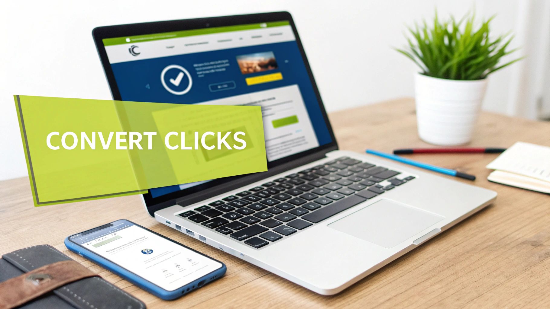 A laptop and smartphone on a wooden desk with a green overlay stating 'CONVERT CLICKS', illustrating digital marketing success.
