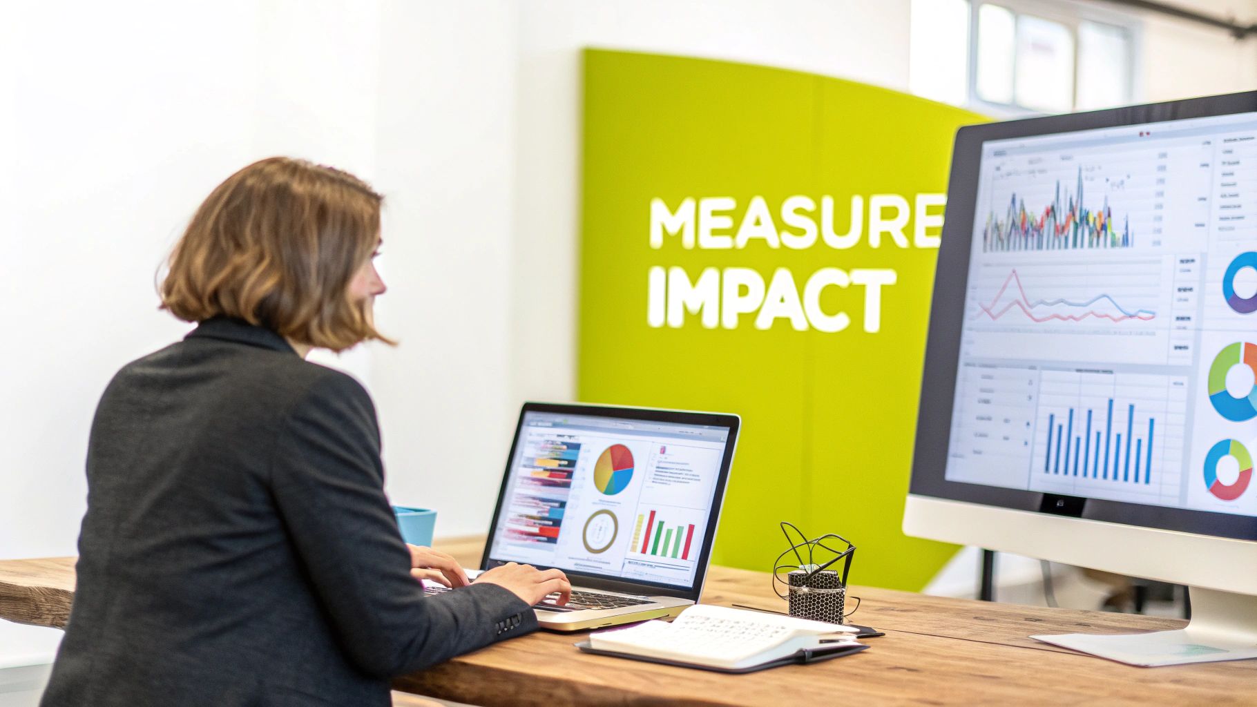 Professional analyzing marketing effectiveness data on multiple screens in a modern office.