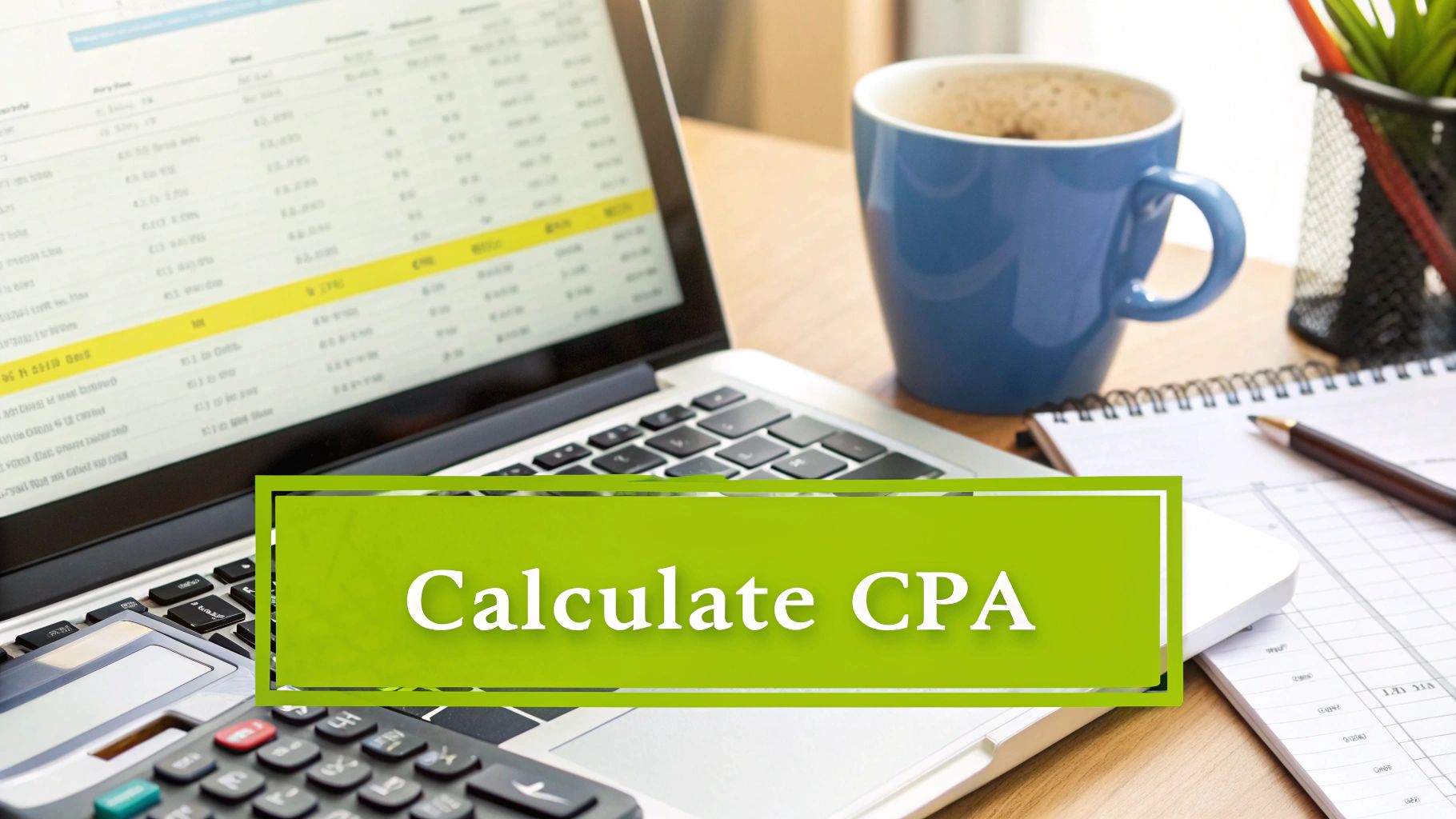 Office desk with laptop displaying a spreadsheet, calculator, coffee, and 'Calculate CPA' text overlay.