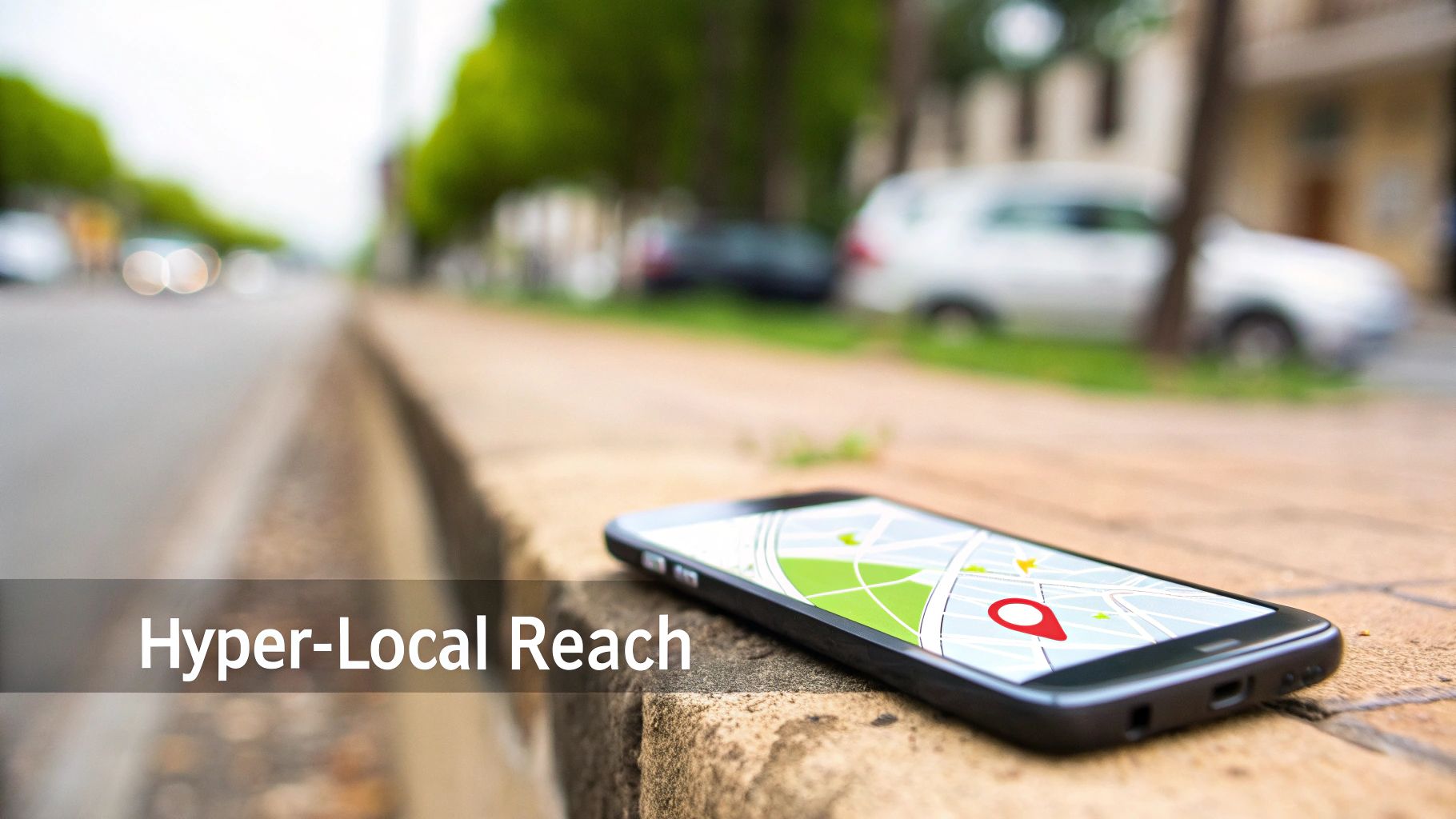 A smartphone displaying a map with a red location pin on a stone ledge next to a blurred street.