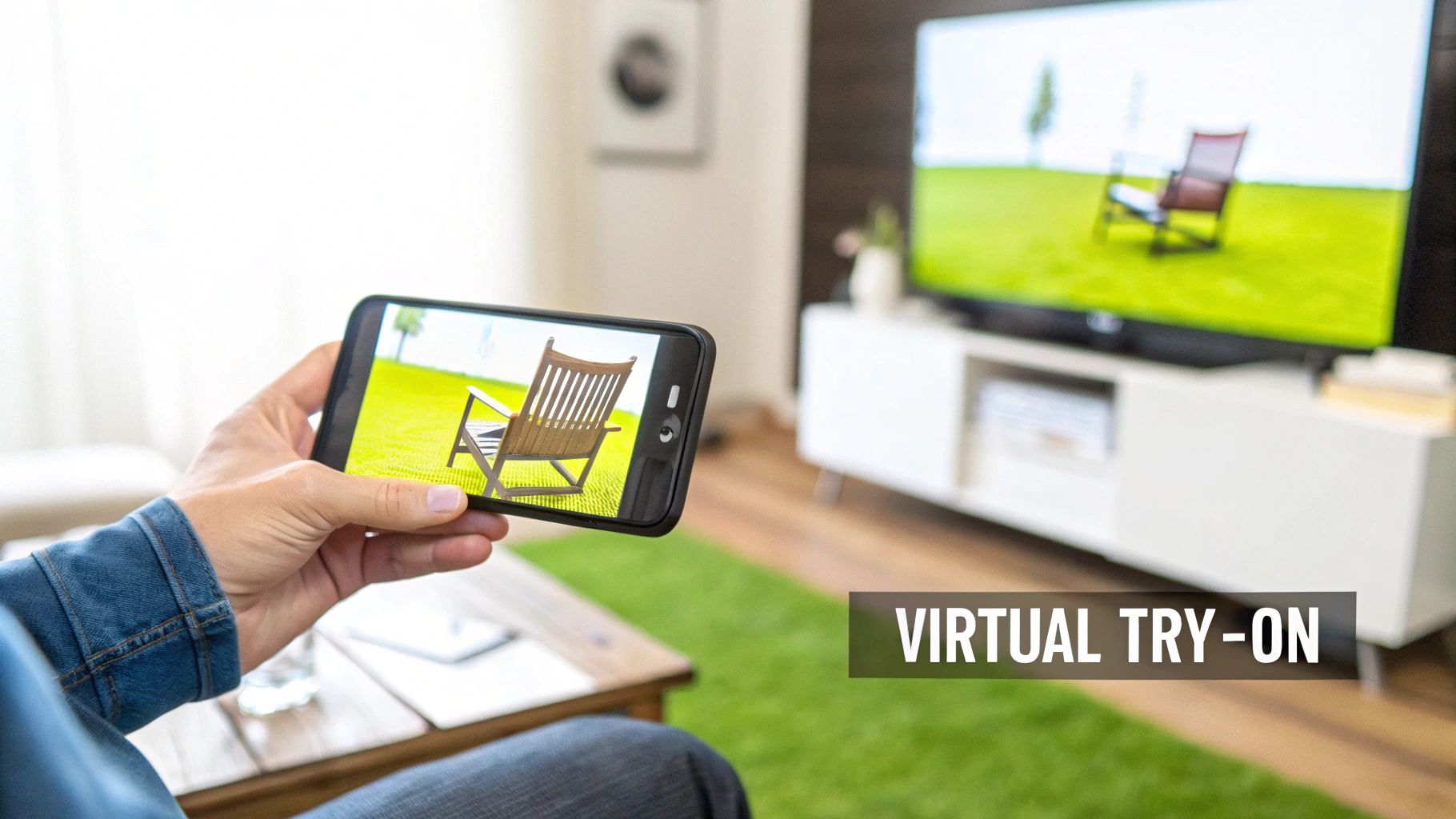 Person using a smartphone for virtual try-on of a wooden chair in a living room, with a TV in the background.