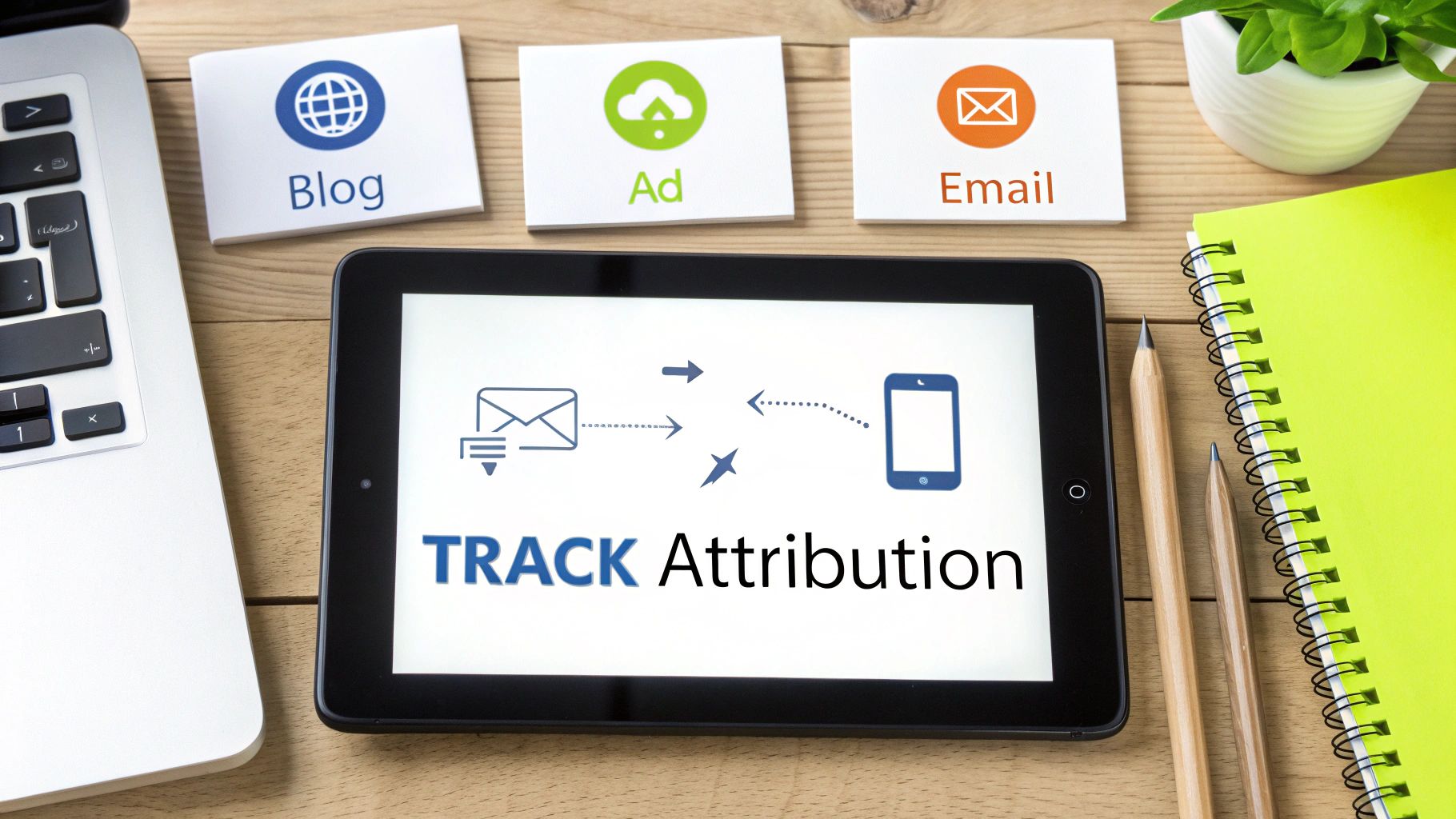 Overhead view of a tablet showing 'TRACK Attribution' with marketing channels like Blog, Ad, Email.