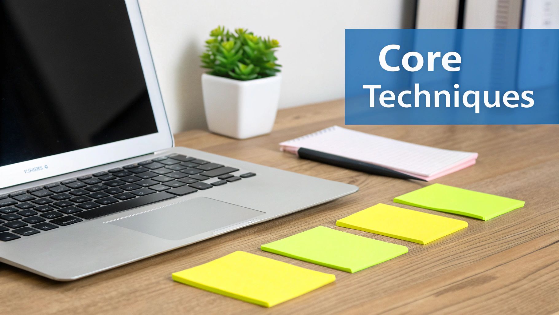 An organized workspace featuring a laptop, plant, notepad, and sticky notes, with 'Core Techniques' on a blue banner.
