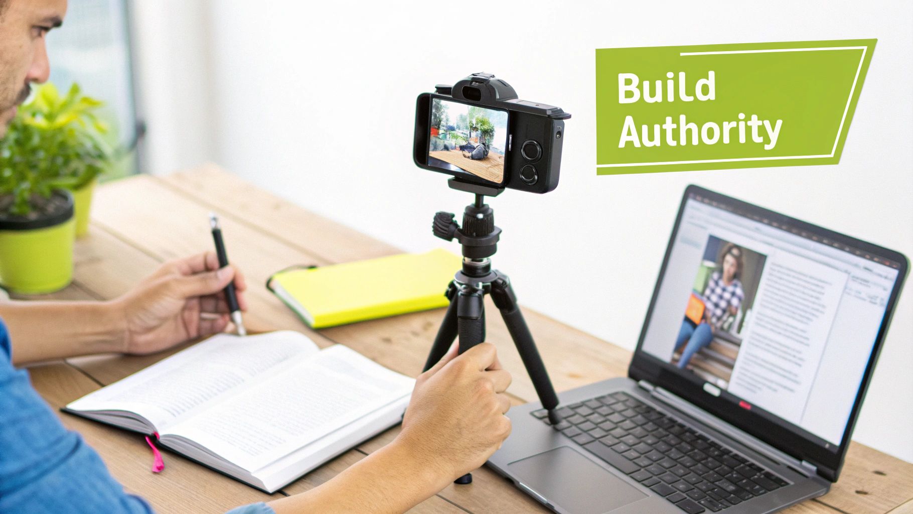 Man creating online content: writing notes, recording with phone, and working on laptop.