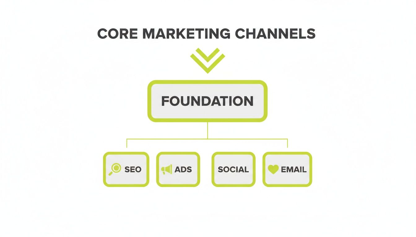 Diagram outlining core marketing channels, with 'Foundation' leading to SEO, Ads, Social, and Email.