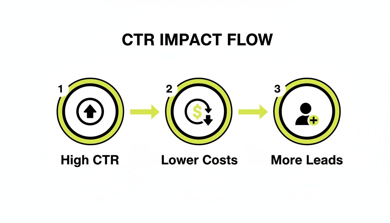 Flow diagram showing how high CTR leads to lower costs and ultimately more leads.