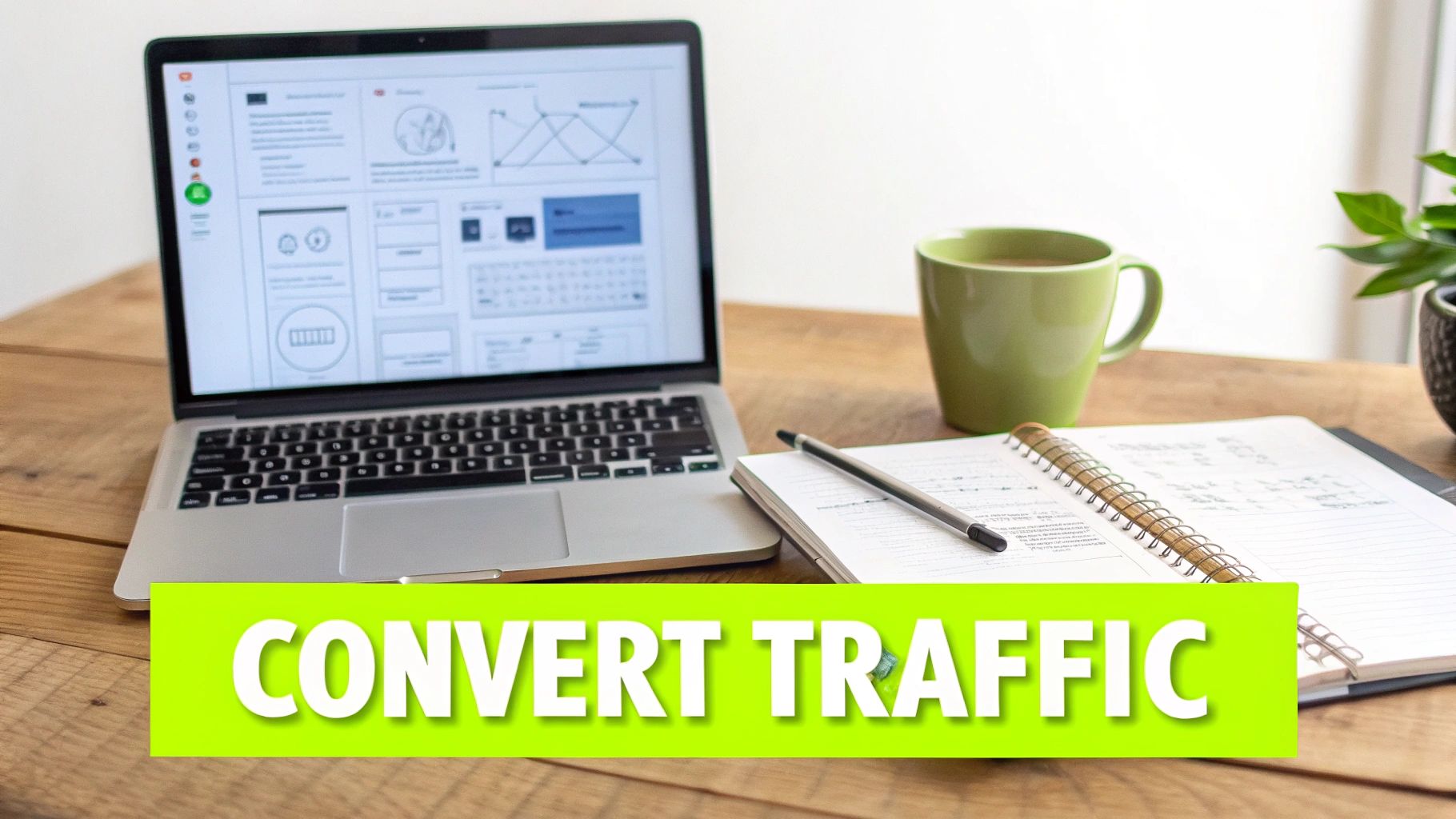 A laptop, green mug, open notebook, and pen on a wooden desk with a 'CONVERT TRAFFIC' banner.