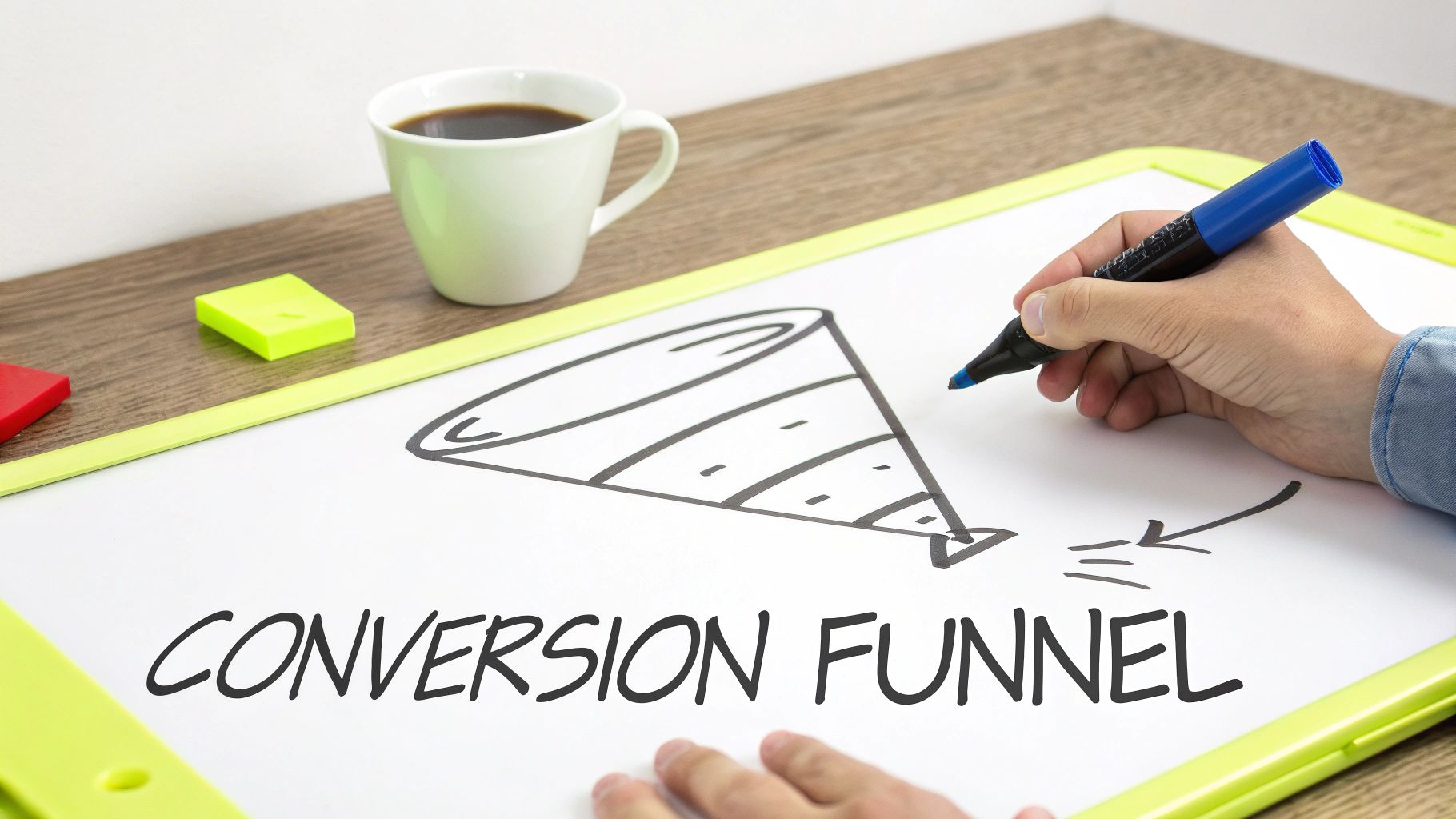 A person's hand drawing a conversion funnel illustration on a whiteboard with a blue marker.