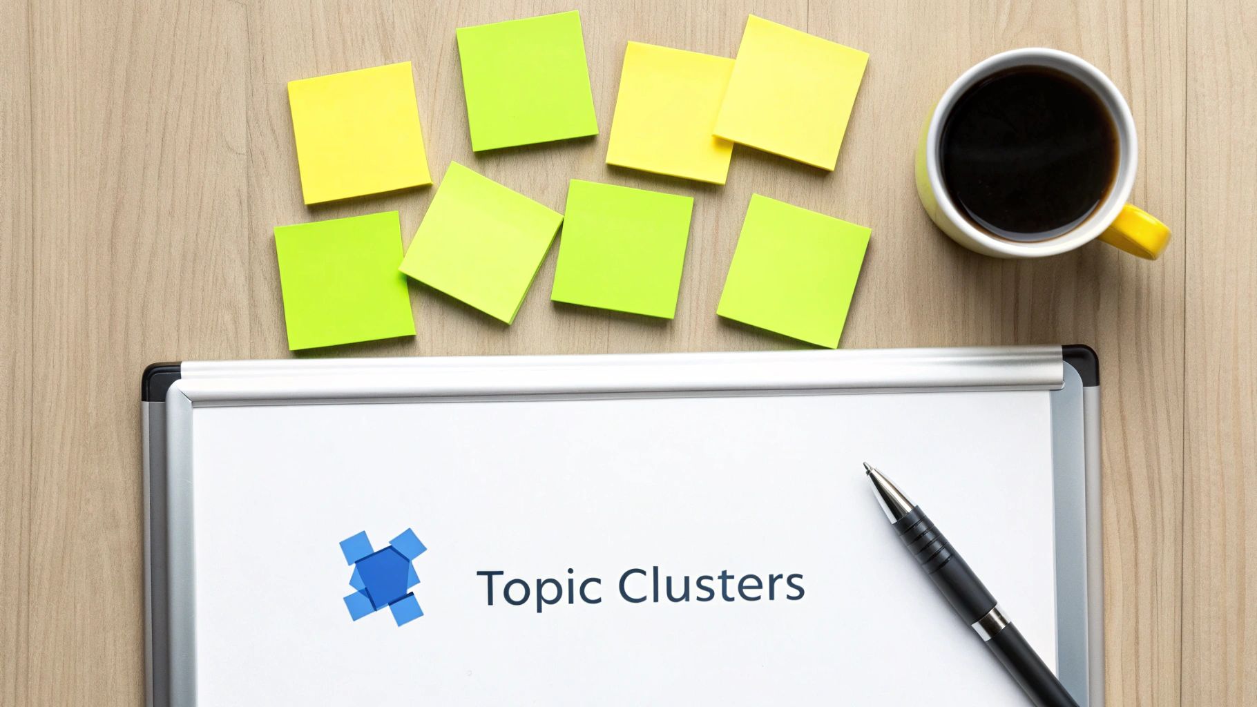 A flat lay of a whiteboard displaying "Topic Clusters" with sticky notes, a pen, and a coffee cup on a wooden desk.
