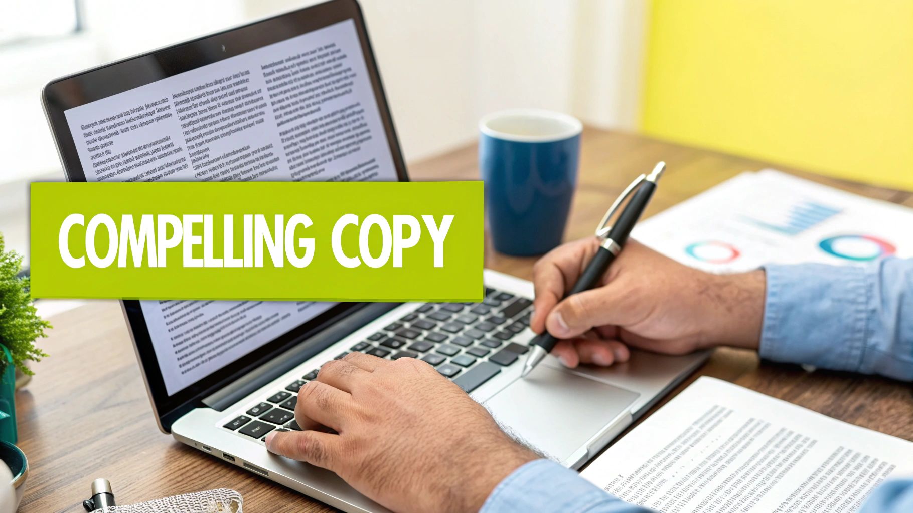 A person typing on a laptop and writing with a pen, with a 'COMPELLING COPY' overlay.