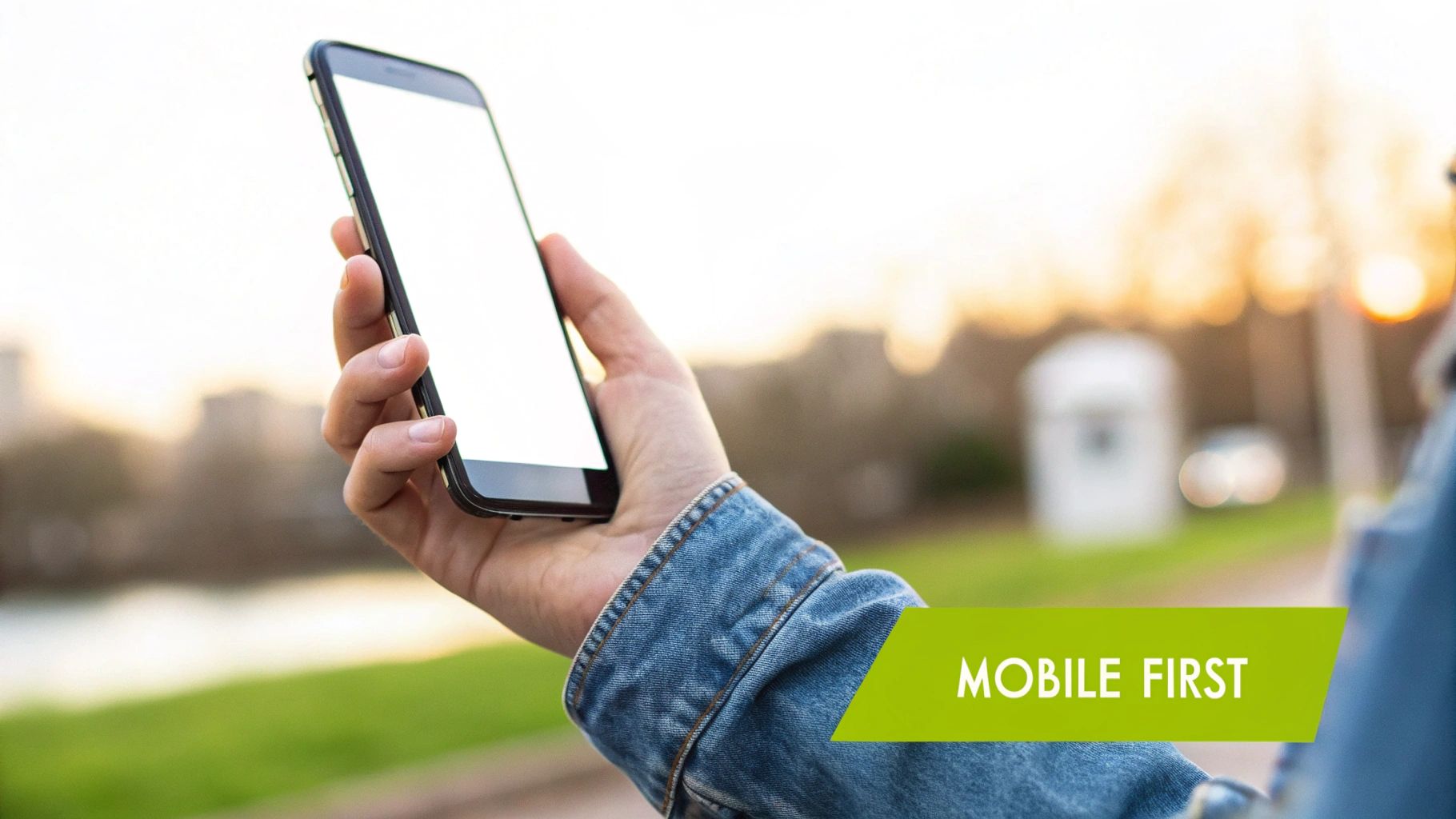 A person holds a smartphone with a blank white screen, featuring a 'MOBILE FIRST' banner.