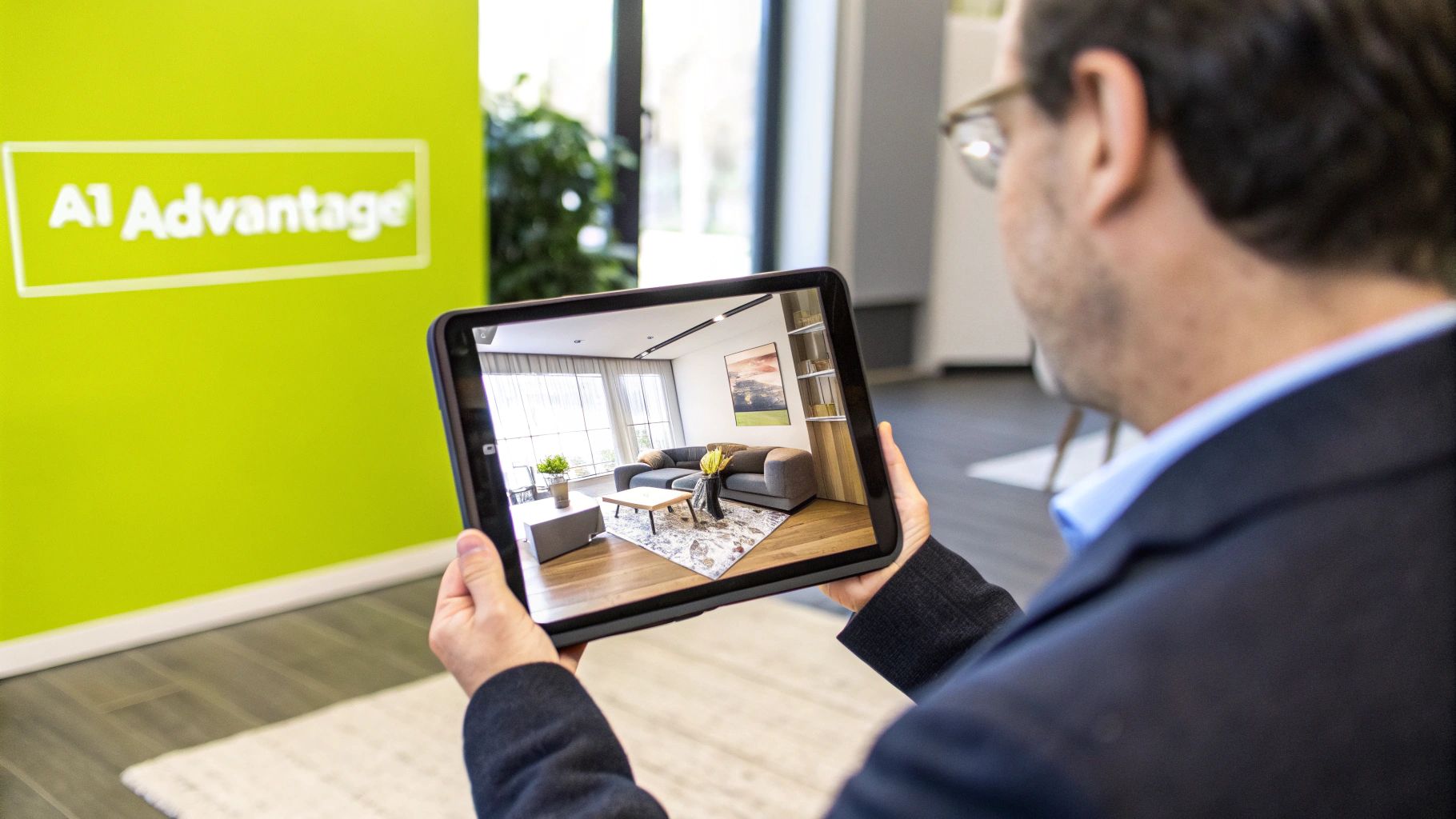 A person holds a tablet displaying a virtual living room design in an office setting.