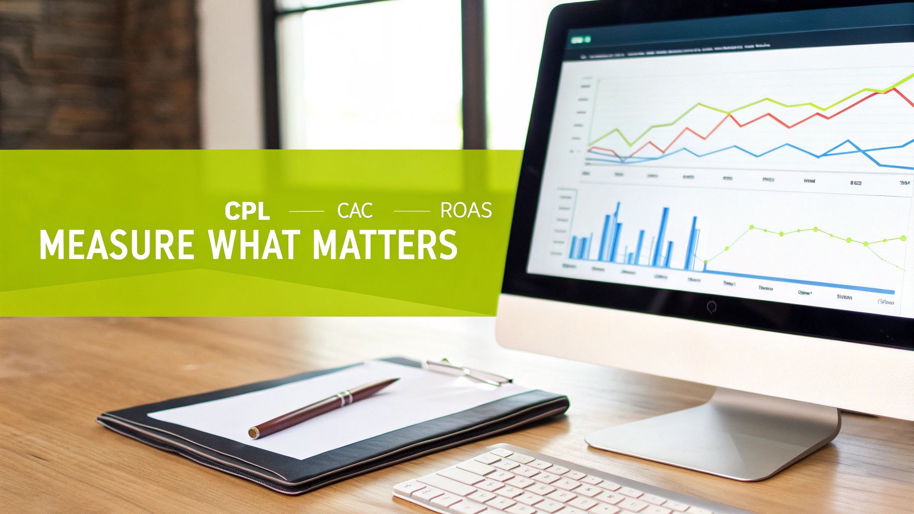 A computer screen shows business analytics and marketing data with text CPL, CAC, ROAS, Measure What Matters.