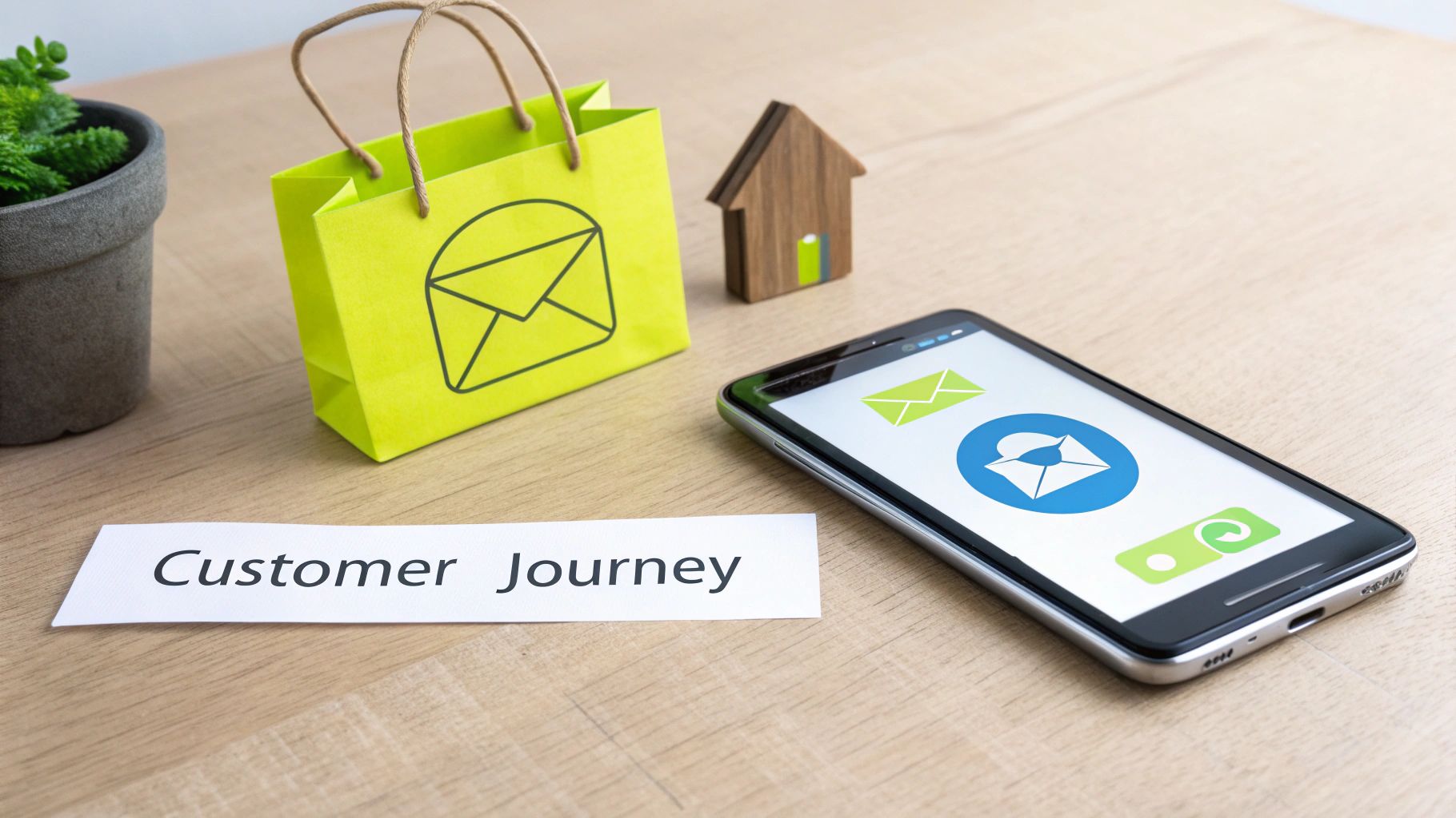 Desk with 'Customer Journey' sign, plant, shopping bag, miniature house, and smartphone displaying email and shopping icons.