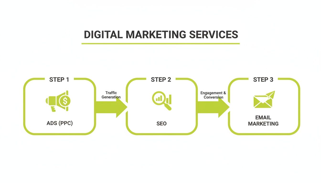 A three-step diagram illustrating digital marketing services: Ads (PPC), SEO, and Email Marketing.