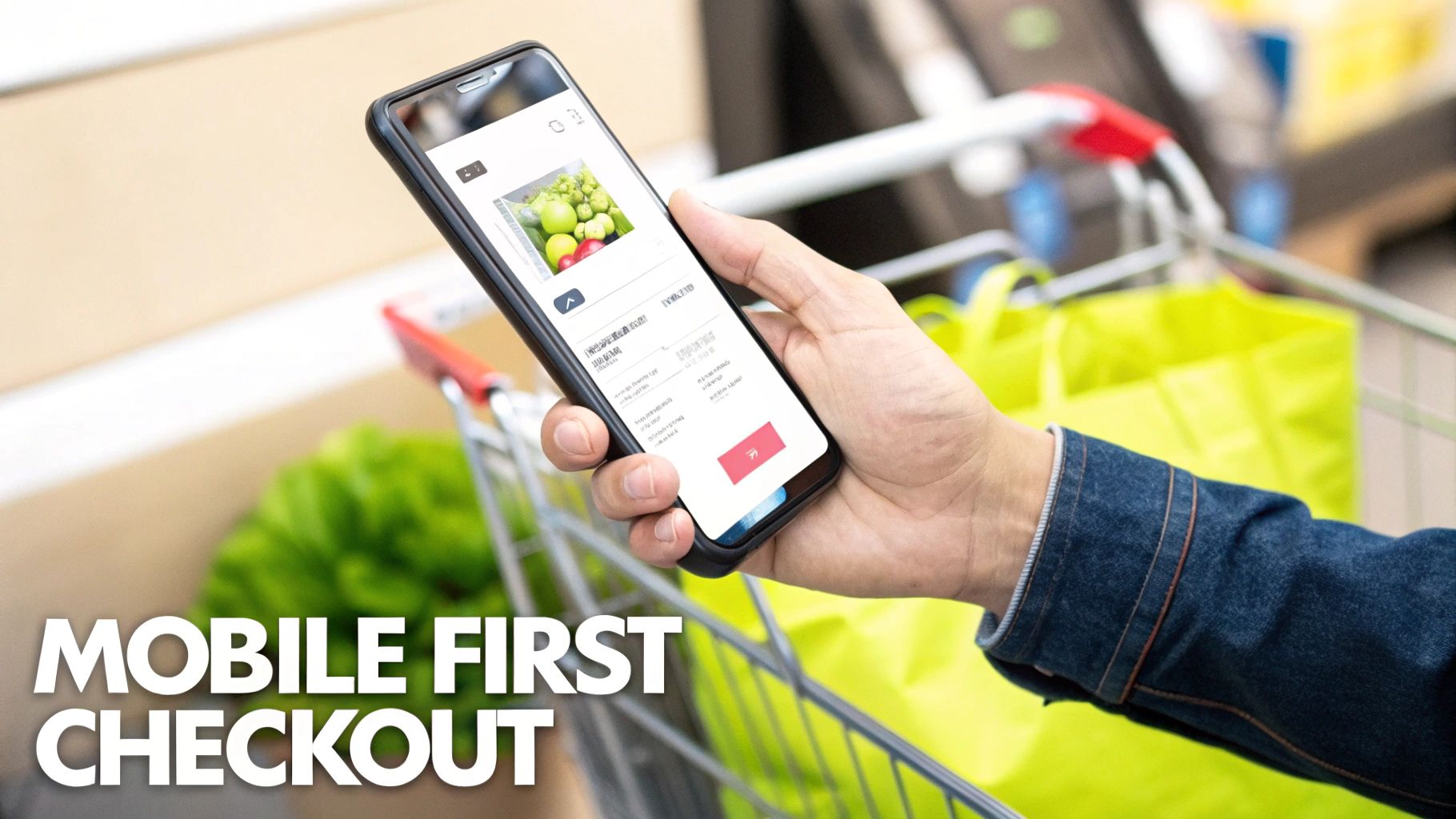 A hand holds a smartphone displaying a grocery checkout screen with fruits, beside a shopping cart, highlighting mobile-first checkout.