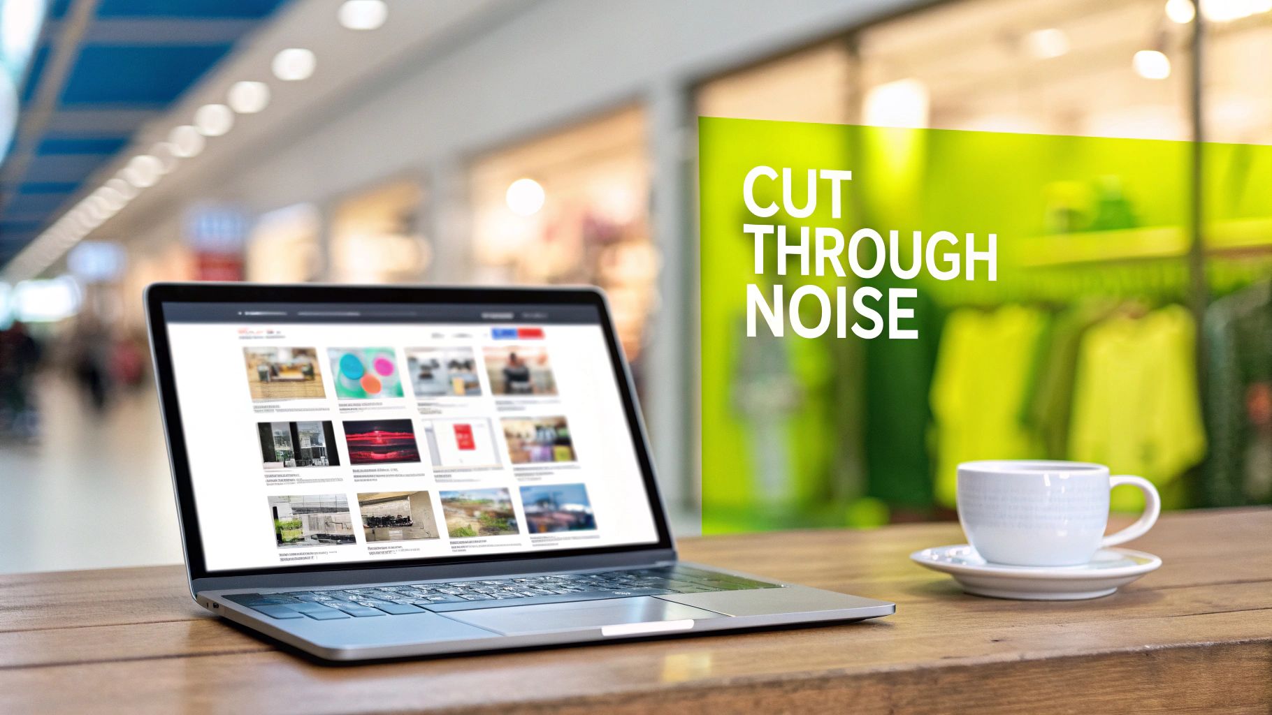 A laptop showing an image gallery and a coffee cup on a wooden table, with 'CUT THROUGH NOISE' text in the background.