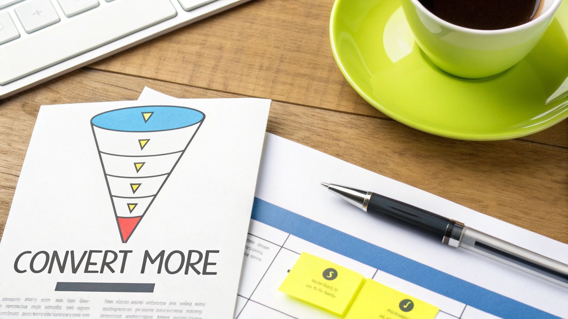 A document with a sales funnel graphic and 'Convert More' text on a desk with a pen and coffee.