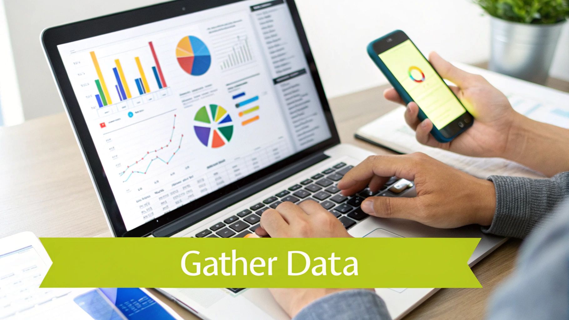 Person gathering data, analyzing charts on a laptop and smartphone for business insights.