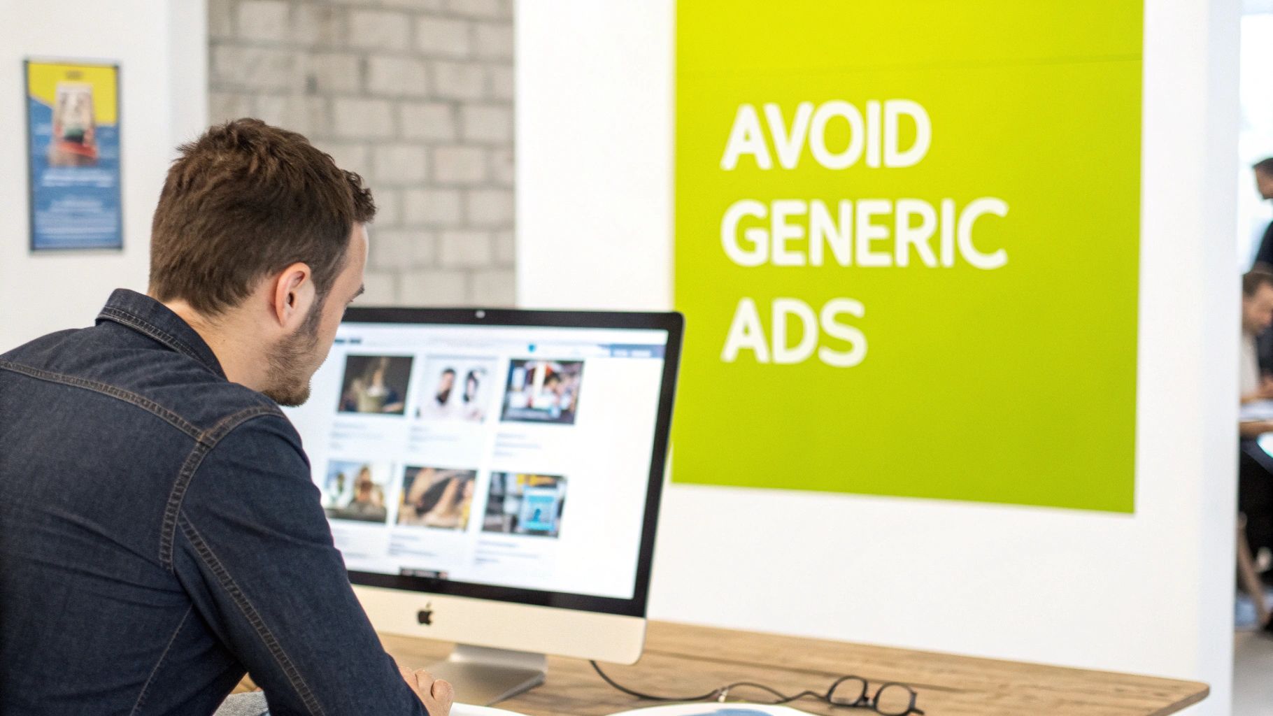 Man working on an Apple iMac computer, with a bright 'AVOID GENERIC ADS' sign behind him.