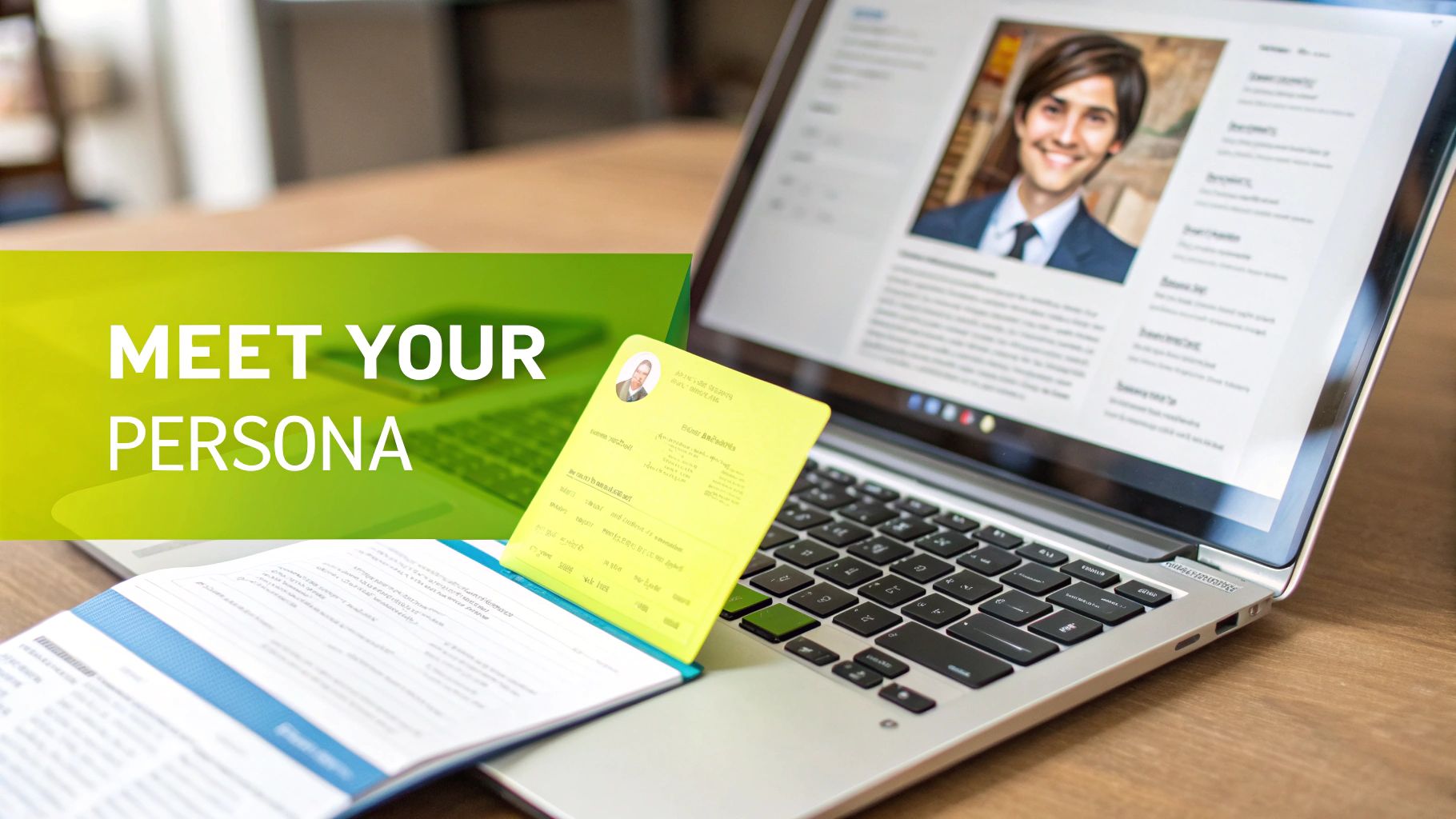 Laptop displaying a smiling person's profile, alongside physical persona cards and documents, with 'MEET YOUR PERSONA' text.