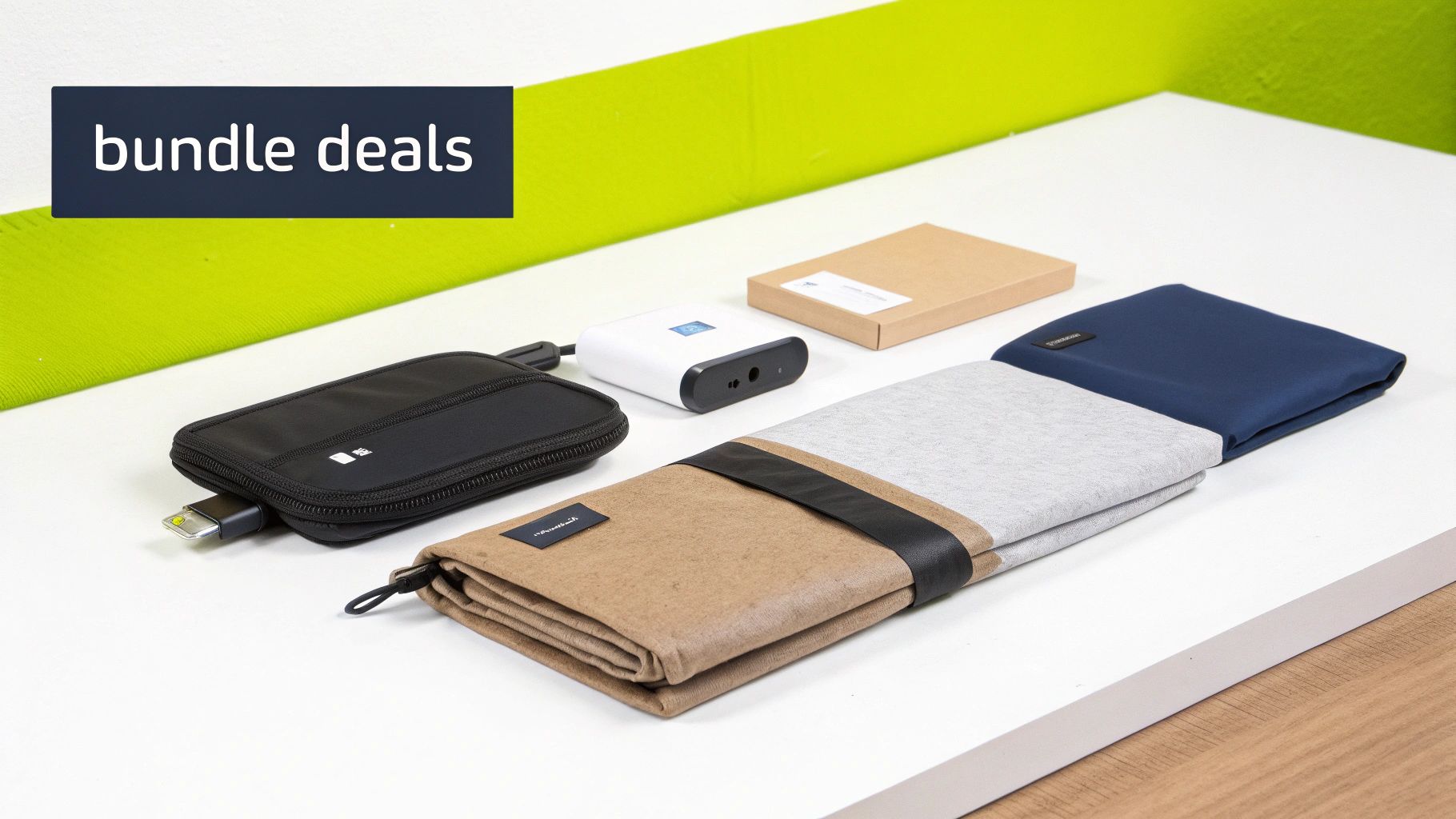 A collection of tech accessories and travel organizers showcased with a prominent 'bundle deals' offer.