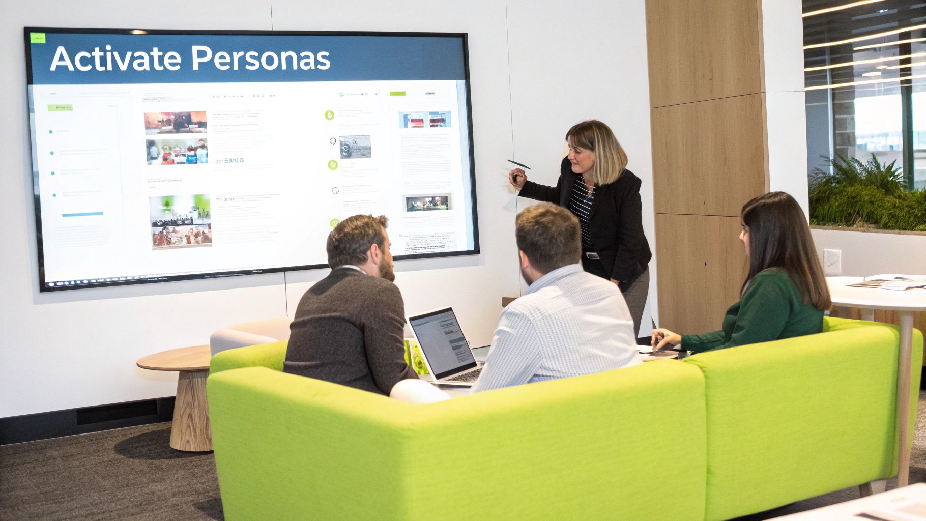 Four colleagues discuss 'Activate Personas' on a large screen in a modern meeting room.