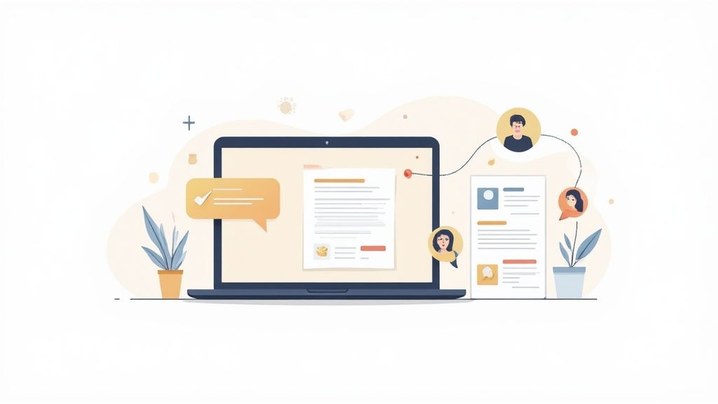 A laptop displays documents and a chat bubble, connected to user profiles, symbolizing online collaboration or professional services.