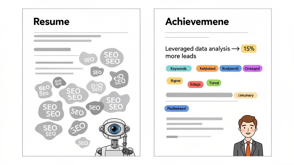 Two resume styles: one keyword-stuffed for robots, the other achievement-focused with diverse skills for humans.