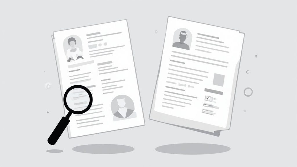 An illustration showing two resumes and a magnifying glass, symbolizing the review of job applications.