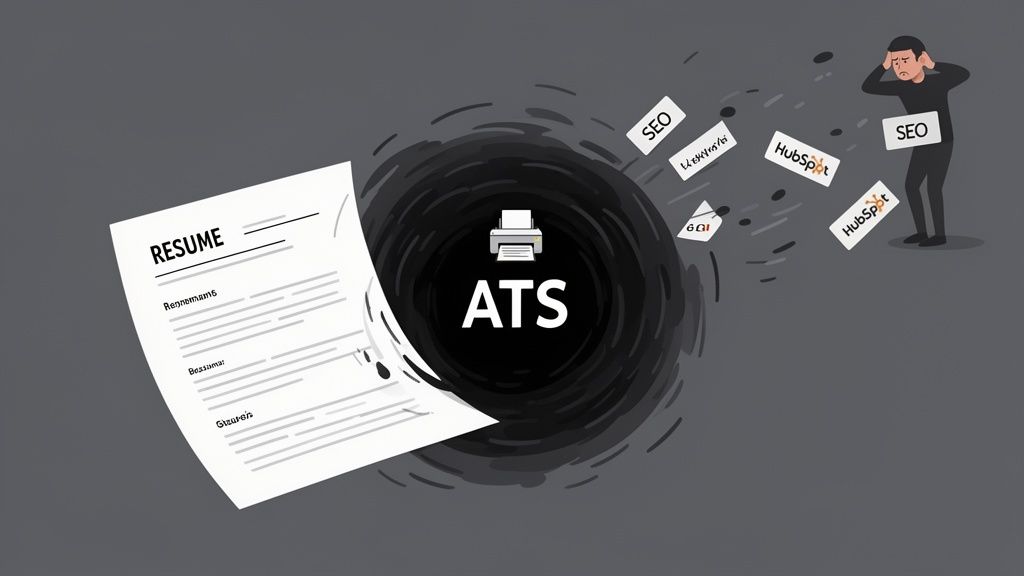 A resume gets sucked into an ATS black hole, spitting out keywords like SEO and HubSpot, frustrating an applicant.