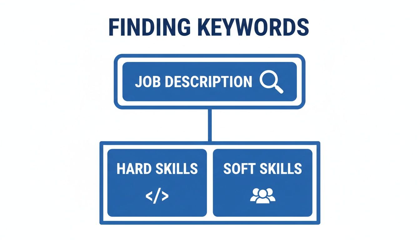 A flowchart showing how to find keywords from a job description, identifying hard skills and soft skills.